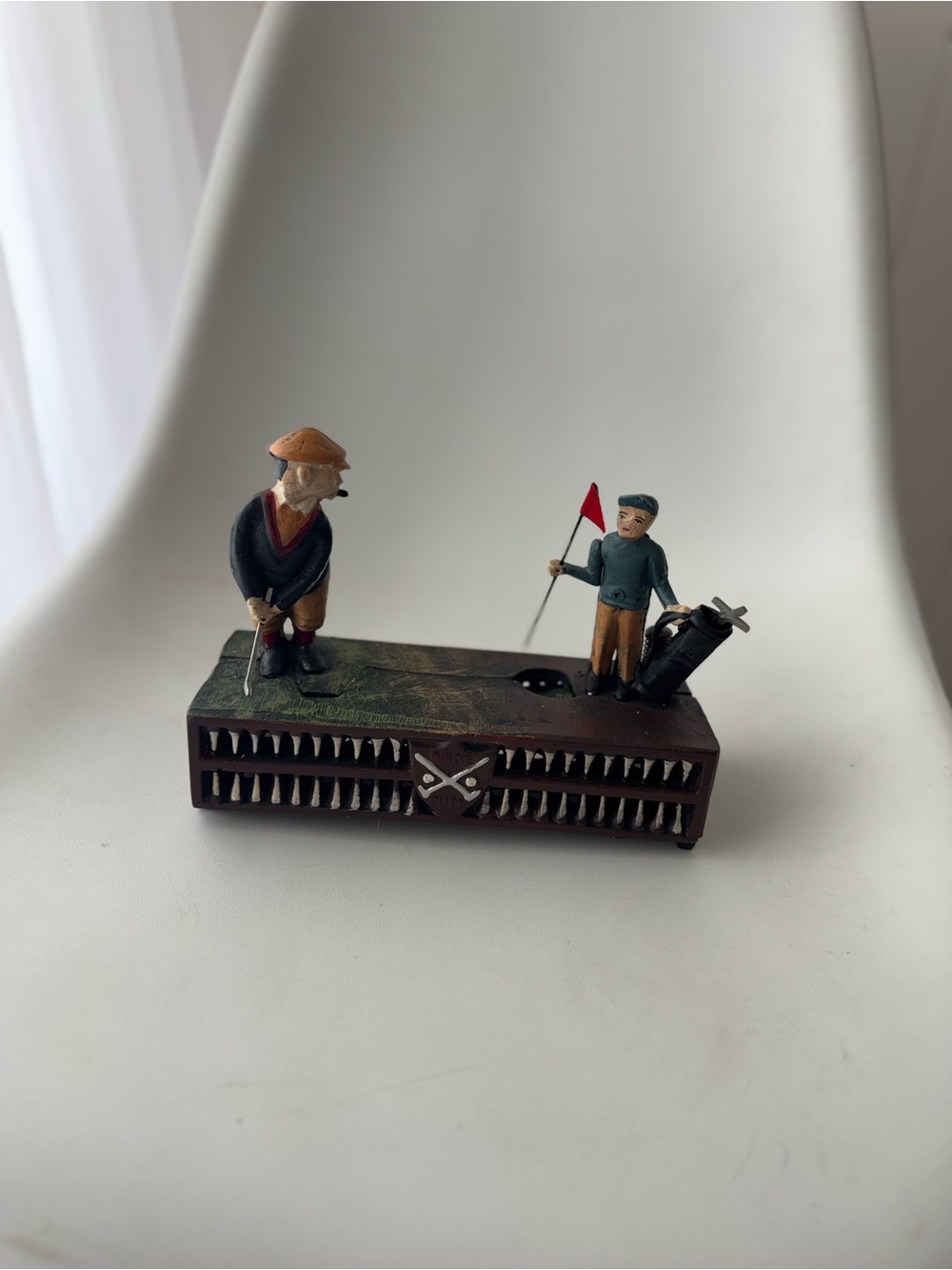 Cast Iron Golfers Birdie Putt Coin Piggy Bank Golf Mechanical Moving Vintage